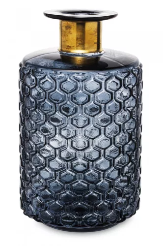 Apró hatszögmintás üveg váza, szűkített arany nyakkal, Sötétszürke