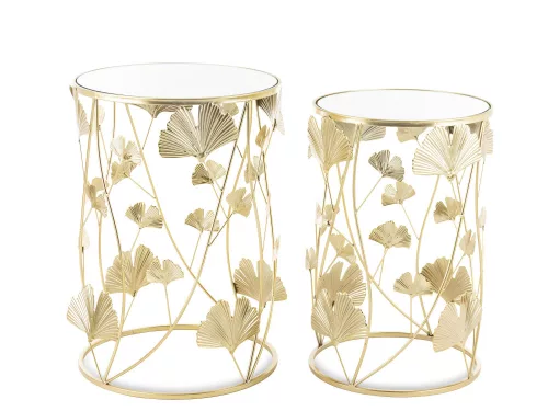 Kerek kisasztal szett, gingko levél díszítéssel, Arany