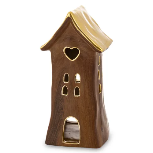 Kerámia mécsestartó házikó dísz, Barna